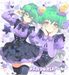  1girl black_skirt black_thighhighs cellphone character_name commentary flip_phone glasses green_eyes green_hair hair_ornament hairclip heart high-waist_skirt highres looking_at_viewer multiple_views one_eye_closed pandoria_(xenoblade) parallel_hairclips phone pointy_ears puffy_sleeves purple_shirt round_eyewear shirt short_hair skirt star_(symbol) symbol-only_commentary thighhighs toki0830 xenoblade_chronicles_(series) xenoblade_chronicles_2 
