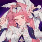  absurdres blue_gem blunt_bangs blush bow clenched_teeth commission eyelashes frills gem hair_intakes hair_ornament hairband highres lips long_hair long_sleeves looking_at_viewer mihuashi_commission original pink_eyes pink_hair purple_background sidelocks square teeth tentacles upper_body watermark white_bow white_hairband yihuo_tou_mei_tou 