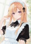  1girl :/ absurdres apron black_shirt blonde_hair blush commentary_request hand_in_own_hair highres indoors lace-trimmed_apron lace-trimmed_sleeves lace_trim long_hair looking_at_viewer maid maid_apron maid_headdress mannmaruu original puffy_short_sleeves puffy_sleeves shirt short_sleeves solo straight_hair upper_body very_long_hair white_apron 
