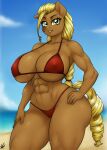 abs absurd_res anthro beach big_breasts bikini biped blonde_hair blurred_background breasts brown_body clothed clothing equid equine eyelashes fan_character female green_eyes hair hand_on_hip hasbro hi_res mammal my_little_pony outside pupils red_clothing saulazuli smile solo swimwear thick_thighs two-piece_swimsuit wide_hips