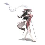  1girl absurdres adapted_costume bare_shoulders black_gloves black_hair bow china_dress chinese_clothes commentary dress elbow_gloves frilled_bow frilled_hair_tubes frills full_body gloves gohei hair_bow hair_tubes hakurei_reimu highres holding holding_gohei littiecy long_hair red_bow red_dress side_slit signature simple_background sleeveless sleeveless_dress smile solo thighs touhou walking white_background 