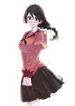  1girl black_hair braid brown_eyes commentary_request glasses grey_skirt hanekawa_tsubasa hatahata_(okkrslk) highres looking_at_viewer monogatari_(series) naoetsu_high_school_uniform pink_shirt puffy_sleeves school_uniform shirt simple_background skirt smile solo white_background 