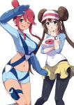  2girls :o ;d absurdres arm_under_breasts black_pantyhose blue_eyes blue_gloves blue_shorts blush breasts brown_hair crop_top cropped_jacket donut_hair_bun double_bun eggman_(ni_tamagoex) feet_out_of_frame fingernails gloves hair_bun hand_on_own_chin hat highres large_breasts long_hair long_sleeves looking_at_viewer midriff multiple_girls nail_polish navel one_eye_closed one_side_up open_mouth pantyhose pantyhose_under_shorts pink_nails poke_ball_print pokemon pokemon_bw pokemon_bw2 pouch raglan_sleeves red_hair rosa_(pokemon) salute shirt short_shorts shorts sidelocks simple_background skyla_(pokemon) smile sparkle standing stomach stroking_own_chin suspenders tan teeth thigh_pouch thigh_strap thighs three-quarter_sleeves turtleneck twintails upper_teeth_only visor_cap watch white_background white_hat wristwatch yellow_shorts 