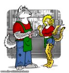 2026 3_toes 4_fingers alcohol anthro apron bar barefoot beer_mug beverage blonde_hair blue_eyes bottomwear breasts canid canine canis cassiopeia_(the_whiteboard) cheetah cleavage clothed clothed_anthro clothed_female clothed_male clothing doc_nickel duo feet felid feline female fingers fully_clothed fully_clothed_anthro fully_clothed_female fully_clothed_male fur gesture hair hand_gesture holding_object howie_(the_whiteboard) inner_ear_fluff inside looking_at_another male mammal markings multicolored_body multicolored_fur navel pants photo_background photography_(artwork) pointing pointing_back shirt shorts spots spotted_body spotted_fur the_whiteboard toes topwear tuft two_tone_body two_tone_fur wolf