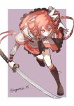 1girl black_boots boots border commentary dated_commentary degarashi_01 drill_hair frilled_skirt frills grey_jacket grey_skirt hair_ribbon holding holding_sword holding_weapon incoming_attack jacket kasane_teto kasane_teto_(sv) katana knee_boots lace-up_boots looking_at_viewer outside_border purple_background red_eyes red_hair ribbon running simple_background skirt solo sword synthesizer_v twin_drills twitter_username utau weapon white_border 