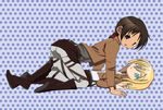  anonymous_soup belt blonde_hair blue_eyes boots christa_renz freckles hidamari_sketch jacket long_hair looking_at_viewer multiple_girls non-web_source paradis_military_uniform parody polka_dot polka_dot_background shingeki_no_kyojin short_hair thigh_strap uniform ymir_(shingeki_no_kyojin) yuri 