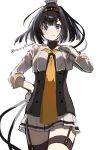  1girl absurdres akizuki_(kancolle) akizuki_kai_ni_(kancolle) black_hair black_headband commentary_request corset garter_straps grey_eyes hand_on_own_chest hand_on_own_hip headband headgear highres kantai_collection long_hair neckerchief orange_neckerchief pleated_skirt ponytail sailor_collar sailor_shirt sakura-konoha shirt skirt solo white_shirt white_skirt 