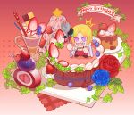  1girl absurdres birthday_cake blue_flower blue_rose cake chibi chibi_only commentary_request flower food fruit happy_birthday heaven_burns_red highres holding holding_spork ice_cream minase_ichigo molingxiang_chimangguo pudding red_flower red_rose rose spork strawberry strawberry_slice sundae 