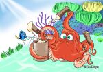 2019 acanthurid anthozoan blue_body blue_eyes cnidarian coral coral_reef disney dory_(finding_nemo) duo female feral finding_dory finding_nemo fish food giant_pacific_octopus hai_xiaolu hank_(finding_dory) male male/female marine mochi orange_body orange_tentacles pixar regal_tang sea_grass tail tentacles underwater water watermark yellow_fins yellow_tail