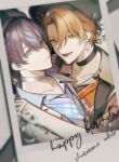  2boys aoyagi_touya black_choker blue_eyes blue_hair character_name choker closed_mouth collared_shirt commentary curtained_hair green_eyes hair_between_eyes happy_birthday hat highres looking_at_viewer lower_teeth_only male_focus multiple_boys official_alternate_costume orange_hair polaroid_photo project_sekai shinonome_akito shirt short_hair short_sleeves slc_yh smile symbol-only_commentary teeth upper_body v-neck 