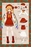  1girl absurdres alternate_costume alternate_headwear apple artist_name beret blonde_hair boots character_name chinese_commentary chinese_text closed_mouth commentary_request crystal crystal_wings fafa fang fang_out flandre_scarlet food fruit full_body hat highres lace-up_boots long_hair long_sleeves multicolored_wings neckerchief one_side_up pleated_skirt red_boots red_eyes red_hat red_skirt red_vest shirt skirt skirt_set solo touhou translation_request vest white_shirt wings yellow_neckerchief 