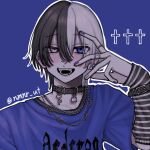  1boy arm_warmers belt belt_buckle belt_collar black_arm_warmers black_belt black_collar black_hair blue_background blue_eyes blue_shirt buckle collar cross crossed_bangs double-parted_bangs fingernails grey_eyes grey_hair hair_between_eyes hand_on_own_face hand_up heterochromia highres jewelry latin_cross looking_at_viewer male_focus multicolored_hair multicolored_nails multiple_rings nail_polish necklace nmnr_ut open_mouth original outline portrait ring shirt short_hair simple_background smile solo split-color_hair striped_arm_warmers two-tone_hair white_outline 