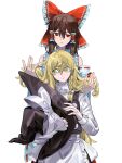  2girls absurdres ahoge apron black_hat black_vest blonde_hair bow brown_hair closed_mouth detached_sleeves frilled_bow frilled_hair_tubes frills hair_between_eyes hair_bow hair_tubes hakurei_reimu hat hat_bow height_difference highres holding holding_another's_hair holding_unworn_clothes holding_unworn_hat kirisame_marisa long_hair long_sleeves maka_(maka04021) multiple_girls red_bow red_eyes red_ribbon ribbon ribbon-trimmed_sleeves ribbon_trim shirt simple_background touhou unworn_hat unworn_headwear vest waist_apron white_apron white_background white_bow white_shirt white_sleeves witch_hat yellow_eyes 