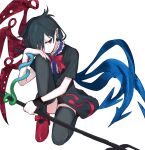  1girl asymmetrical_wings black_dress black_hair black_thighhighs commentary_request dress ear_piercing expressionless hand_on_own_knee highres holding holding_polearm holding_weapon houjuu_nue piercing pointy_ears polearm red_eyes red_shoes shoes short_hair simple_background sitting solo takoyaki5221 thighhighs touhou trident weapon white_background wings 