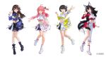  4girls ahoge animal_ears asymmetrical_clothes asymmetrical_sleeves black_hair black_shirt black_skirt blue_eyes boots brown_hair collared_shirt color-coded commentary_request copyright_name cropped_shirt detached_sleeves double-parted_bangs flipped_hair full_body green_eyes hair_flaps hair_ornament hairclip highres hololive hololive_idol_uniform_(color_rise) kaoruko_(unkrk55) lace-up_boots long_hair looking_at_viewer low-tied_long_hair midriff miniskirt mismatched_sleeves multicolored_shirt multiple_girls navel official_alternate_costume official_art one_side_up ookami_mio oozora_subaru pants pink_hair platform_boots puffy_detached_sleeves puffy_short_sleeves puffy_sleeves red_streaks sakura_miko shirt short_hair short_sleeves sidelocks simple_background single_detached_sleeve single_hair_streak single_pantsleg single_sleeve skirt standing swept_bangs tail tail_around_own_leg tokino_sora very_long_hair virtual_youtuber white_background white_hair white_pants white_shirt white_skirt wolf_ears wolf_girl wolf_tail x_hair_ornament yellow_eyes 