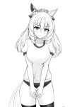  1girl absurdres animal_ears blush breasts buruma closed_mouth collarbone commentary_request durandal_(umamusume) ear_covers greyscale gryebooks gym_shirt gym_uniform highres horse_ears horse_girl large_breasts looking_at_viewer medium_hair monochrome shirt short_sleeves simple_background single_ear_cover solo thighhighs umamusume white_background 
