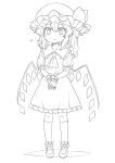  1girl collared_shirt commentary_request crystal crystal_wings flandre_scarlet frilled_shirt_collar frilled_skirt frills greyscale hat highres interlocked_fingers kneehighs mary_janes mob_cap monochrome one_side_up oninamako own_hands_together puffy_short_sleeves puffy_sleeves shirt shoes short_sleeves skirt socks solo touhou vest wings 