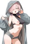  1girl absurdres black_bow black_nails bow breasts brown_eyes character_request chinese_commentary coat commentary_request denim denim_shorts fellatio_gesture girls'_frontline girls'_frontline_2:_exilium gradient_hair grey_coat grey_shorts hair_bow hair_over_one_eye highres hood hood_up hooded_coat long_hair looking_at_viewer low_twintails medium_breasts micro_shorts midriff multicolored_hair navel nipples one_breast_out open_clothes open_coat open_fly open_mouth open_shorts pink_hair saliva saliva_trail shenqi_xiaohuang short_shorts shorts simple_background solo twintails white_background yellow_eyes 