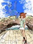  1girl absurdres alto_mare arch_bridge bianca_(pokemon_heroes) black_socks bridge brown_eyes brown_hair closed_mouth cloud day dragon flipped_hair flying fufu8484 full_body green_shirt highres in-universe_location latias looking_at_viewer miniskirt outdoors pokemon pokemon_(anime) pokemon_(classic_anime) pokemon_(creature) pokemon_heroes:_latios_&amp;_latias red_eyes red_shoes see-through_body shirt shoes short_hair short_sleeves skirt sky socks standing white_skirt 