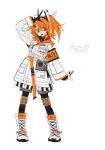  1girl a.i._voice absurdres adachi_rei arm_up armband boots headset highres jacket knee_pads lace-up_boots long_hair natwjeq open_mouth orange_armband orange_eyes orange_hair signature simple_background solo standing white_background white_boots white_jacket 