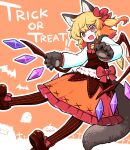  1girl absurdres alternate_costume animal_ear_fluff animal_ears animal_hands bell blonde_hair bow bowtie brown_pantyhose brown_shoes commentary_request crystal crystal_wings fang flandre_scarlet full_body gloves hair_bow halloween halloween_costume highres jingle_bell looking_at_viewer multicolored_wings neck_bell one_side_up oninamako open_mouth orange_background orange_skirt pantyhose paw_gloves red_bow red_bowtie red_eyes shoes skirt smile solo tail touhou trick_or_treat wings wolf_ears wolf_tail 