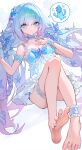  1girl absurdres armband barefoot blue_armband blue_choker blue_eyes blue_hair braid center-flap_bangs character_request choker closed_mouth commentary_request copyright_request double-parted_bangs dress feet frilled_armband frilled_choker frilled_dress frilled_thigh_strap frills frown full_body gradient_hair hair_between_eyes hair_ornament hand_on_own_chest hands_up highres knees_up korean_commentary lizchief long_bangs long_hair microdress multicolored_hair nightgown pink_hair side_braids sleepwear sleeveless sleeveless_dress small_sweatdrop solo spoken_animal star_(symbol) star_hair_ornament starfish_hair_ornament thigh_strap toenails toes too_many_hair_ornaments two-tone_dress very_long_hair white_background 