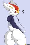 2:3 ace_(silliestsparki) anthro big_butt bottomless bottomless_anthro bottomless_male butt cinderace clothed clothing confusion cotton_tail fur generation_8_pokemon hoodie hoodie_only legwear male nintendo pokemon pokemon_(species) red_body red_fur silliestsparki solo thigh_highs topwear topwear_only white_body white_fur