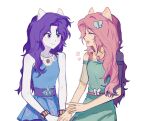  2girls :d ^_^ animal_ears anuyami bare_arms bare_shoulders belt blue_dress blue_eyes bracelet breasts closed_eyes closed_mouth collarbone colored_skin commentary cowboy_shot cutie_mark dress english_commentary face-to-face facing_another fluttershy fluttershy_(equestria_girls) frilled_sleeves frills gold_bracelet highres horse_ears horse_girl jewelry long_hair looking_at_another messy_hair multiple_girls my_little_pony my_little_pony:_equestria_girls my_little_pony:_friendship_is_magic necklace off-shoulder_dress off_shoulder official_alternate_costume open_mouth pink_belt pink_hair profile purple_belt purple_hair raised_inner_eyebrows rarity_(equestria_girls) rarity_(my_little_pony) see-through_clothes see-through_sleeves short_sleeves sideways_mouth simple_background sleeveless sleeveless_dress small_breasts smile standing teeth upper_teeth_only white_background white_skin yuri 