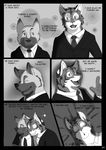  blackmailz canine clothing comic dog drunk duo english_text feline formal fur greyscale male mammal monochrome text tiger 