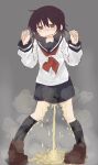  1girl against_fourth_wall black_socks blue_sailor_collar blue_skirt blush breath brown_eyes brown_hair brown_shoes clenched_hands commentary_request embarrassed flat_chest full_body grey_background half-closed_eyes hands_up highres kneehighs kude_rei_(ponnu_(tnpn2yw)) legs_apart long_sleeves looking_at_viewer miniskirt neckerchief nose_blush open_mouth original pee peeing peeing_self pigeon-toed pleated_skirt ponnu_(tnpn2yw) puddle raised_eyebrows red_neckerchief sailor_collar school_uniform serafuku shirt shoes short_hair sidelocks simple_background skirt socks solo standing steam wet wet_clothes wet_shirt wet_skirt white_shirt 
