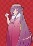  1girl black_hair blush_stickers checkered_background choko_(cup) commentary_request cup fur-trimmed_kimono fur_trim hair_over_one_eye hair_ribbon hayashimo_(kancolle) japanese_clothes kantai_collection kimono long_hair looking_at_viewer red_background red_eyes red_kimono ribbon solo syouuo very_long_hair 