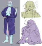 animal_humanoid barefoot breasts clothing digital_media_(artwork) feet female hair humanoid iridescent iridescent_body iridescent_hair iridescent_scales marine marine_humanoid not_furry oskar_(starfleetrambo) robe scales simple_background siren siren_and_scientist sitting sketch smoking_pipe solo standing starfleetrambo trans_(lore) trans_man_(lore)