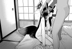  1boy 1girl absurdres animal_ear_fluff animal_ears bar_censor blue_archive breasts censored closed_eyes completely_nude fellatio fox_ears fox_girl fox_tail futon halo hands_on_another's_head hetero highres indoors kneeling large_breasts monochrome nipples nude oral penis red_halo sliding_doors sweat tail tatami tomi8tky wakamo_(blue_archive) 