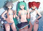  >_< 3girls absurdres aqua_bikini aqua_eyes aqua_hair bikini black_skirt blue_bikini blush breasts chinese_commentary commentary drill_hair flat_chest grey_hair hair_between_eyes hand_on_own_hip hatsune_miku highres holding_hands kasane_teto long_hair low_twintails luo_tianyi multiple_girls navel one-piece_swimsuit one_eye_closed open_mouth red_eyes red_hair skirt small_breasts stomach striped_bikini striped_clothes swimsuit tiandingfengren twin_drills twintails utau very_long_hair vocaloid vsinger_(vocaloid) white_one-piece_swimsuit 