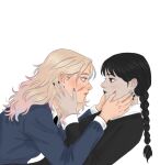  2girls absurdres atlas_(ok_123456_0) black_dress black_eyes black_hair black_jacket black_nails blonde_hair blue_eyes blue_nails blue_streaks braid commentary dress english_commentary enid_sinclair eye_contact hand_on_another's_face highres jacket long_hair looking_at_another multicolored_nails multiple_girls pink_streaks scar scar_on_face shirt simple_background the_addams_family twin_braids wednesday_(netflix) wednesday_addams white_background white_shirt yuri 