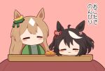  2girls :3 animal_ears black_hair blush bowl brown_hair chibi chibi_only closed_eyes closed_mouth commentary_request double-parted_bangs ear_ribbon food fruit gomashio_(goma_feet) horse_ears horse_girl kitasan_black_(umamusume) kotatsu long_hair mandarin_orange multicolored_hair multiple_girls no_mouth pink_background red_ribbon ribbon satono_diamond_(umamusume) simple_background smile table translation_request two-tone_hair umamusume upper_body white_hair 