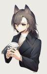  1girl absurdres akechi_(826988799) animal_ears arknights black_jacket black_nails chinese_commentary closed_mouth commentary_request cropped_torso cup disposable_coffee_cup disposable_cup drink expressionless fingernails grey_background grey_hair hair_behind_ear hair_between_eyes highres holding holding_drink jacket lapels long_hair looking_at_viewer mole mole_above_eye nail_polish open_clothes open_jacket penance_(arknights) shirt simple_background solo turtleneck turtleneck_shirt white_shirt yellow_eyes 