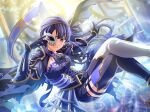  1girl armor asymmetrical_clothes black_thighhighs cape closed_mouth corset death_(tarot) eyepatch game_cg gloves legwear_garter looking_at_viewer midair official_art one_eye_covered outstretched_arm pants purple_cape purple_corset purple_eyes purple_gloves purple_hair purple_pants purple_thighhighs shoujo_kageki_revue_starlight shoujo_kageki_revue_starlight_-re_live- shoulder_armor single_pantsleg solo tarot thighhighs tomoe_tamao 