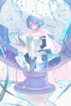  1girl absurdres bare_shoulders beamed_eighth_notes beamed_sixteenth_notes blue_boots blue_eyes blue_hair boots cape commentary fortissimo full_body gloves hair_ornament half_note highres knees_up magical_girl mahou_shoujo_madoka_magica mahou_shoujo_madoka_magica_(anime) mahou_shoujo_madoka_magica_movie_1_&amp;_2 miki_sayaka miki_sayaka_(magical_girl) musical_note musical_note_hair_ornament short_hair sitting solo symbol-only_commentary thighhighs water white_cape white_gloves white_thighhighs whole_note wusubamineko 