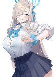  1girl absurdres asuna_(blue_archive) asuna_(school_uniform)_(blue_archive) black_choker black_skirt blue_archive blue_bow blue_bowtie blue_eyes blue_halo blue_ribbon blush bow bowtie breasts choker cleavage hair_intakes hair_over_one_eye hair_ribbon halo highres large_breasts long_hair looking_at_viewer miniskirt nakano_kura pleated_skirt ribbon school_uniform scrunchie shirt simple_background skirt sleeves_rolled_up smile solo thighs very_long_hair white_background white_shirt wrist_scrunchie 