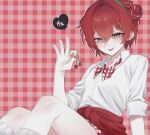  1girl :p ange_katrina arm_support blush bow bowtie braid cherry cherry_earrings cherry_pop_(vocaloid) closed_mouth clothes_around_waist collared_shirt crossed_bangs double-parted_bangs double_bun drop_shadow earrings feet_out_of_frame flat_chest food food-themed_earrings fruit gg0guma01 gingham_background gingham_bowtie green_hairband grey_eyes hair_between_eyes hair_bun hair_ornament hairband hand_up hashtag-only_commentary heart heart-shaped_speech_bubble heart_hair_ornament highres holding_cherry jewelry long_bangs looking_at_viewer miniskirt multicolored_hair nail_polish nijisanji nose_blush official_alternate_costume pink_background pink_hair red_bow red_bowtie red_hair red_nails red_sweater shirt short_hair sitting skirt sleeves_rolled_up socks solo speech_bubble streaked_hair sweater sweater_around_waist tongue tongue_out translation_request two-tone_hair virtual_youtuber white_bow white_bowtie white_shirt white_socks 