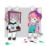 1:1 2024 accessory anthro apron arms_bent artist_name bangs bella_(peypey_mei1925) black_clothing black_footwear black_hoodie black_shoes black_topwear blue_apron blue_clothing blush brown_eyes brown_pupils brush clothed clothed_anthro clothed_female clothing colored covering covering_mouth digital_drawing_(artwork) digital_media_(artwork) duo english_description eyelashes fan_character featureless_crotch female female_anthro flat_chested footwear fur grey_clothing grey_shirt grey_t-shirt grey_topwear hair hair_accessory hairclip half-closed_eyes hi_res holding_brush holding_object holding_paintbrush holding_picture_frame hoodie lagomorph light lighting long_ears looking_at_another mammal medium_hair mouth_closed multicolored_clothing multicolored_hair multicolored_shirt multicolored_topwear narrowed_eyes paint_on_apron paint_on_clothing paint_on_face paint_on_leg paint_on_t-shirt paintbrush pattern_clothing pattern_sweater pattern_topwear pey_(peypey_mei1925) peypey_mei1925 picture_frame pink_hair pockets pupils purple_beret purple_hair rabbid raving_rabbids rayman_(series) rectangle red_stripes shaded shirt shoes simple_background sleeves_past_fingers standing stickers_on_face straight_legs striped_clothing striped_sweater striped_topwear stripes sweater t-shirt tan_body tan_eyelids tan_inner_ear tan_skin text topwear two_tone_clothing two_tone_hair two_tone_shirt two_tone_topwear ubisoft unimpressed white_background white_body white_clothing white_footwear white_fur white_hair white_shoes white_sweater white_topwear yellow_eyes