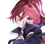  1girl azur_lane black_gloves breasts commentary_request ebifurai_daisuki_man gloves hair_between_eyes highres long_hair looking_at_viewer maryland_(azur_lane) medium_breasts outstretched_arm reaching reaching_towards_viewer red_eyes red_hair simple_background smile solo upper_body white_background 