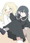  2girls ^_^ absurdres age_regression aged_down amaya_tsubame averting_eyes black_dress black_hair blonde_hair blunt_bangs blush brown_pantyhose closed_eyes commentary_request dress eeekusuhsss embarrassed feet_out_of_frame frilled_sailor_collar frills gakuen_idolmaster hatsuboshi_gakuen_school_uniform highres idolmaster jacket juo_sena long_hair looking_at_viewer looking_to_the_side mole mole_under_eye multiple_girls pantyhose pushing_away sailor_collar school_uniform sitting sitting_on_person smile socks straight_hair teeth upper_teeth_only very_long_hair white_jacket white_socks 