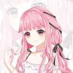  1girl absurdres bare_arms bare_shoulders black_bow black_ribbon blunt_bangs bow bow_choker bowtie bra_strap brown_eyes choker closed_mouth dot_nose eyelashes frilled_shirt frilled_sleeves frills hair_bow hair_ribbon happy highres holding holding_own_hair infinity_nikki light_blush long_hair long_sidelocks nikki_(nikki) nikki_(series) off-shoulder_shirt off_shoulder perfect_start_(infinity_nikki) pink_bow pink_bowtie pink_choker pink_hair ribbon shirt short_sleeves sidelocks single_stripe smile solo striped_bow striped_bowtie striped_choker striped_clothes tress_ribbon upper_body very_long_hair white_background white_shirt yinluo_(pixiv_61246482) zoom_layer 