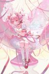  1girl absurdres bow bow_choker bug butterfly choker closed_mouth commentary dress full_body gloves hair_bow highres kaname_madoka kaname_madoka_(magical_girl) leaning_on_object mahou_shoujo_madoka_magica mahou_shoujo_madoka_magica_(anime) multiple_hair_bows pink_butterfly pink_dress pink_eyes pink_hair pink_ribbon puffy_short_sleeves puffy_sleeves red_bow red_choker red_shoes ribbon shoes short_sleeves short_twintails sitting smile socks solo symbol-only_commentary twintails white_gloves white_socks wusubamineko 