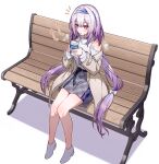  1girl animal_print aran_sweater bare_shoulders belt bench blue_hair bow bright_pupils brown_jacket butterfly_print cable_knit castorice_(honkai:_star_rail) castorice_(luckin_coffee)_(honkai:_star_rail) clothing_cutout commentary_request cup disposable_coffee_cup disposable_cup full_body grey_shoes grey_skirt headband highres holding holding_cup honkai:_star_rail honkai_(series) jacket long_hair long_sleeves low-tied_long_hair multicolored_hair off_shoulder official_alternate_costume on_bench open_clothes open_jacket park_bench parted_lips plaid_clothes plaid_skirt pointy_ears puffy_long_sleeves puffy_sleeves purple_eyes purple_hair shadow shoes shoulder_cutout sitting skirt sleeves_past_wrists streaked_hair sweater t@ke-g turtleneck very_long_hair white_background white_sweater 
