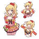  1girl absurdres black_ribbon blonde_hair blue_eyes breasts cleavage closed_eyes closed_mouth commentary crop_top cropped_legs cropped_torso finger_heart flower frilled_skirt frills grk_11601 hands_on_own_hips headset heart hibiscus highres idolmaster idolmaster_cinderella_girls jacket jacket_partially_removed looking_at_viewer multicolored_jacket multiple_views navel ohtsuki_yui one_eye_closed open_mouth ponytail ribbon sidelocks skirt sleeve_cuffs smile solo symbol-only_commentary v 