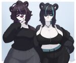 2026 5_fingers anthro bear belinda_(skecchiart) big_breasts black_hair black_nose blue_eyes blue_hair blue_highlights breasts clothed clothed_anthro clothed_female clothing duo eyebrows eyelashes fangs female female_anthro fingers geometric_background gesture giant_panda hair hair_over_eye hand_gesture hand_on_hip hi_res highlights_(coloring) huge_breasts inner_ear_fluff jewelry looking_at_viewer mammal midriff multicolored_hair necklace open_mouth open_smile purple_eyes purple_hair purple_highlights sibling_(lore) simple_background sister_(lore) sisters_(lore) skecchiart smile teeth thick_thighs tongue tuft two_tone_hair v_sign vivian_vivi wide_hips