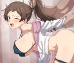  1boy 1girl arm_held_back ass bare_shoulders bent_over bikini bikini_bottom_pull black_bikini blush breasts brown_eyes brown_hair clothed_sex commentary_request doggystyle grabbing_another's_arm grabbing_another's_hair hanging_breasts hetero highres holding_another's_hair hood hooded_jacket idolmaster idolmaster_million_live! jacket jacket_over_swimsuit kitazawa_shiho large_breasts long_hair milliani one_eye_closed open_clothes open_jacket open_mouth out-of-frame_censoring parted_bangs sex sex_from_behind sideboob solo_focus sweat swimsuit white_jacket 